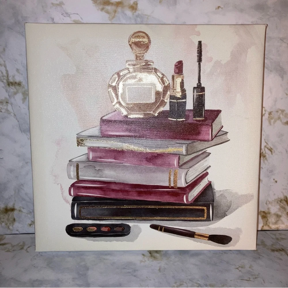 NEW Makeup and Books Canvas Wall Art Burgundy Gold Beauty Glam Home Decor
